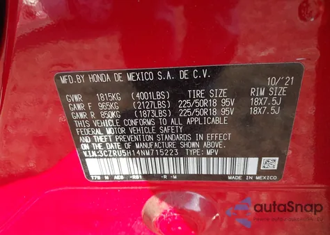 2022 Honda Hr-V 2Wd Sport z USA, uszkodzony, nr VIN 3CZRU5H14NM715223